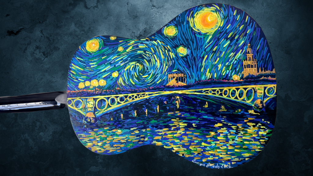 Guitarra clásica pintada con técnica noche estrellada y puente de Triana · Sevilla · Enrique Oviedo 2026.